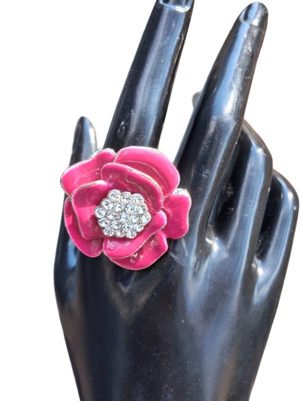 Vintage Hot Pink Enamel Flower Stretch Ring Rhinestone Rose Statement Jewelry